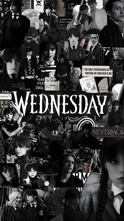 a collage of photos with the words wednesday written in black and white on it Wednesday Addams Halloween Wednesday Inspired, Wednesday Black, Wednesday Halloween Background,