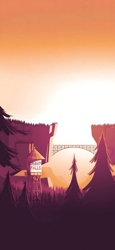 an orange and purple background with trees and a bridge Gravity Falls Halloween Animated Show Background Inspiration, Gravity Falls Fan Art Ideas, Gravity Falls Forest Landscape, coral