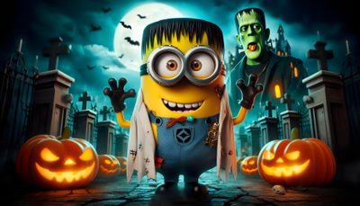 two cartoon characters standing in front of pumpkins Minion Halloween Desktop Minion Werewolf, Minions Halloween, Winnie Werewolf Hotel Transylvania, dark slate gray