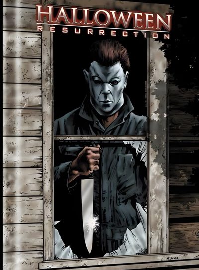 the dvd cover for halloween resurrection, featuring a man holding a knife in front of a window Halloween Resurrection Halloween Resurrection Poster, The Return Of Michael Myers, Halloween Resurrection Movie Poster, dark slate gray
