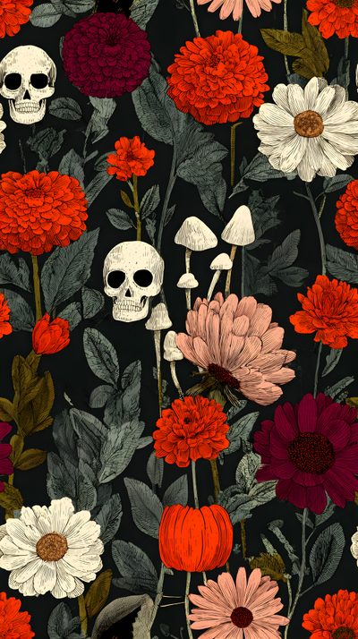 a bunch of flowers and skulls on a black background Halloween Floral Aesthetic Phone Spooky Aesthetic, Phone Spooky, Dia De Los Muertos Aesthetic, saddle brown