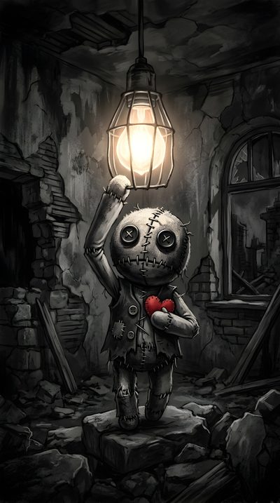 a cartoon character holding a heart under a light Halloween Voodoo Doll Voodoo Art, Bio Organic Tattoo, Organic Tattoo, Dark Pictures, Stunning Eyes, black