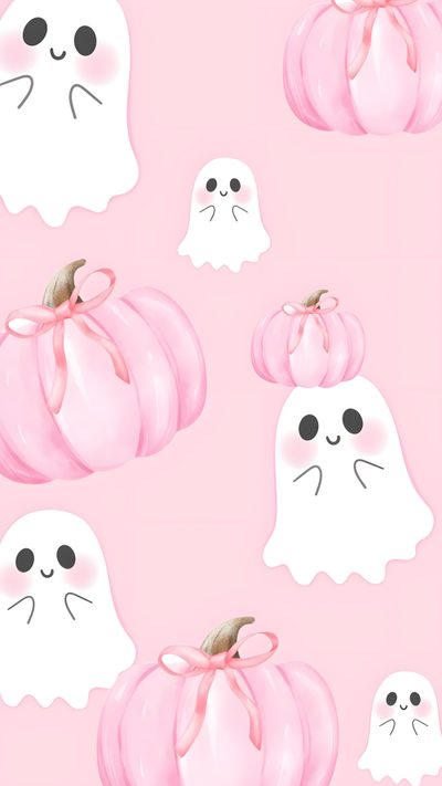 some pink pumpkins with ghost faces on them Background Background Cute Pink Halloween Pink Ghost, Iphone Preppy, Halloween Iphone Backgrounds, misty rose