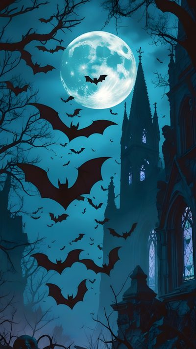a castle with bats flying over it at night Aesthetic Halloween Bats Scary Clown Makeup, Bat Flying, Scary Pumpkin Carving, dark slate gray