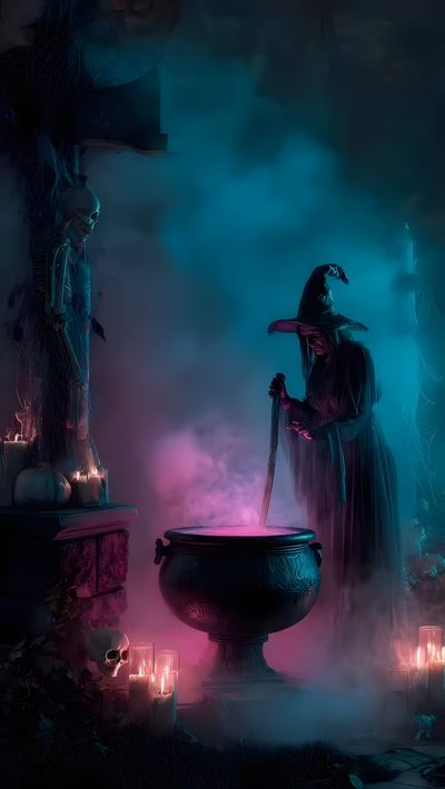 a woman dressed as a witch holding a staff standing in front of a caulder filled with candles Halloween Witch Cauldron Halloween Sounds, Happy Halloween Pictures, Halloween House Party, dark slate gray