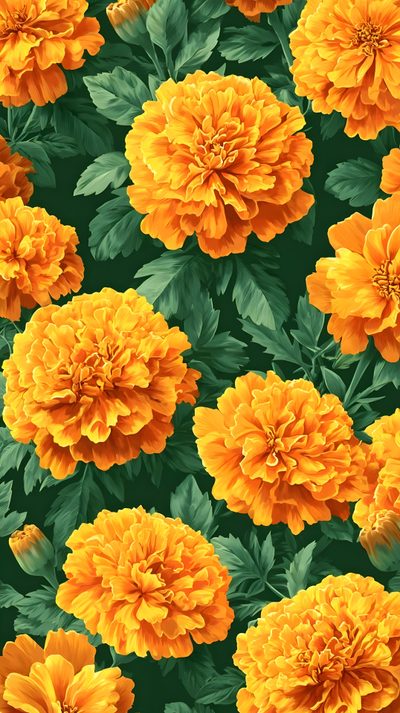 an orange flower with green leaves in the background and yellow flowers on the bottom right corner Halloween Marigold Mexican Marigolds, Mexican Marigold, Planting Marigolds, Mexican Culture Art, chocolate