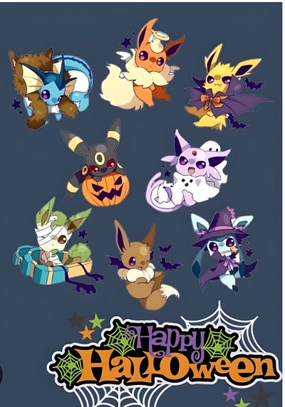 an image of halloween stickers on a blue background Eevee Evolutions Halloween Halloween Vaporeon, Eevee Pumpkin, Glaceon Halloween, dark slate gray