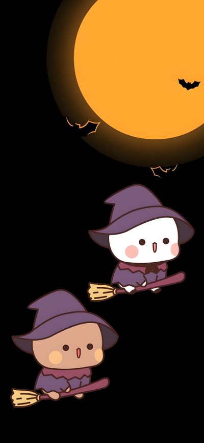 two little witches flying in the night sky Bubu Dudu Halloween Cute Love Couple, Hello Kitty, Mocha Bear Halloween, Bear, Pandas, Bubu Pumpkin, black