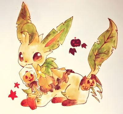 a drawing of a rabbit with leaves and pumpkins on it's back legs Leafeon Halloween Halloween Leafeon Drawing, Leafeon Halloween, Leafeon Halloween Costume, antique white
