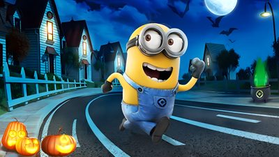 a minion running down the road with pumpkins in front of him and an evil looking Minion Halloween Desktop Halloween Minions, Halloween Minion, Minions Halloween, dark slate gray
