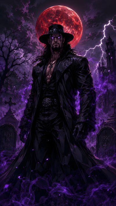 a man wearing a hat and coat standing in front of a cemetery with a full moon behind him Wwe Halloween The Undertaker, The Undertaker 4k, Undertaker Wwf, Baron Samedi, Undertaker Wwe, black