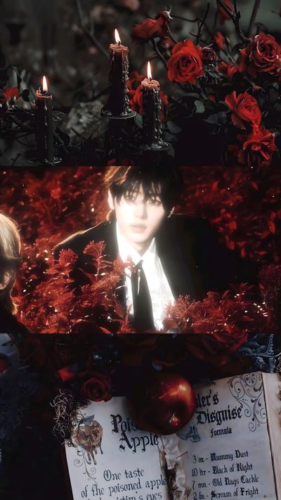 a man in a suit and tie surrounded by candles Enhypen Halloween Red Vampire, Enhypen Vampire Concept Aesthetic, Vampire Iphone, Concept Kpop Ideas, black