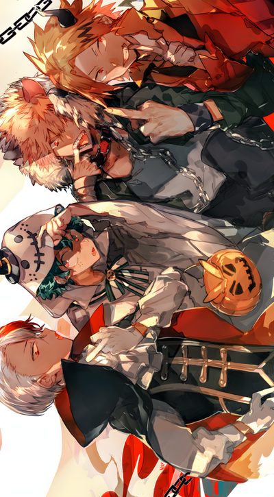 some anime characters standing next to each other in front of a white background with red and black accents My Hero Academia Halloween My Hero Academia Halloween, Mha Fall, Mha Fanart, Anime Heroes, sienna