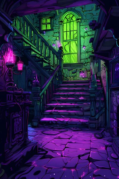 an image of a purple and green hallway with stairs leading up to the entrance door Purple And Green Halloween Spooky Art Background Ideas, Neon Dungeon, Green And Purple Halloween Aesthetic, midnight blue