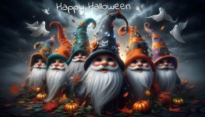 a group of gnomes standing in front of a dark sky with bats and pumpkins Halloween Gnome Desktop Mythological Creatures, Winter Solstice, Christmas Seasons, dark slate gray