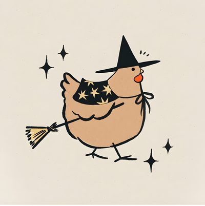 a chicken wearing a witches hat and holding a broom with stars on it's back Halloween Chicken Halloween Cartoon Drawing, Halloween Cute Art, Chicken Costume Drawing, gainsboro
