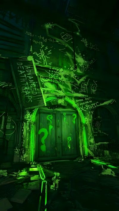 a green door in a dark room with graffiti on the walls Arkham Halloween Riddler In Arkham, Arkham Asylum Island Concept Art, Batman Arkham Asylum Concept Art, black