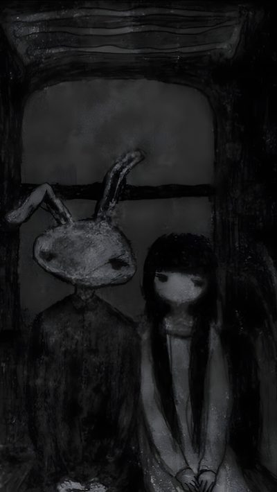 a black and white drawing of two people with rabbits on their heads sitting in front of a mirror Halloween Not Blurry Morute Iphone, Cool Scary, Scary Aestetich, Scary, Alt Phone, Cute And Scary, black