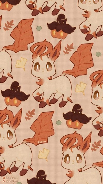 an image of a cartoon character pattern with leaves and mustaches on the back ground Leafeon Halloween Autumn Eevee, Fall Leafeon, Autumn Leafeon, Autumn Pokemon, Fall Themed Pokemon, tan