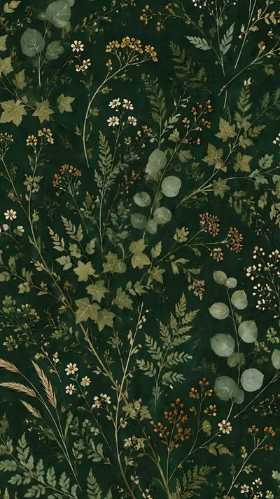 a green wallpaper with flowers and leaves on it Halloween Botanical Aesthetic Rug, Patterns Floral, Cottagecore Ipad, Dark Forest Green, Academia Green, black