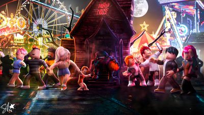 cartoon characters standing in front of an amusement park at night Halloween Roblox Fall Gfx, Halloween Roblox, Roblox Ent Gfx, Roblox Halloween Background, dark slate gray