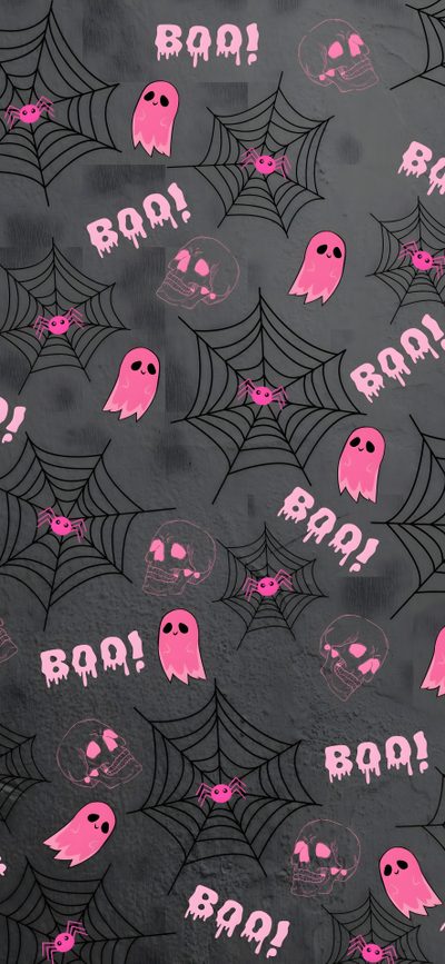 the fabric is decorated with pink and black ghost faces, bats, and webs Halloween Ghosts And Webs On Pink Best Friend Goals, Girly Halloween Backgrounds, Pink And Black Halloween, dark slate gray