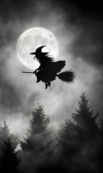 a black and white photo of a witch flying in front of the moon with her broom Witch Broomstick For Halloween Witch Riding A Broom, Broom Witch, Spooky Witch, dark slate gray