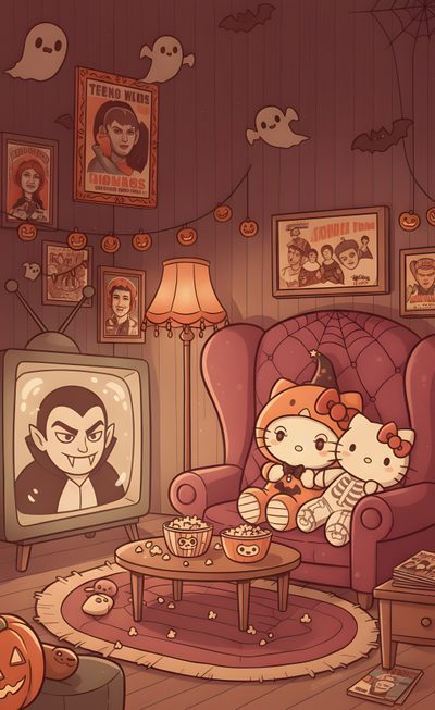 an image of a living room scene with hello kitty and cat on the couch watching tv Hello Kitty Halloween Hello Kitty Halloween, Halloween, Screen Savers, Fall Vibes, Cute, Hello Kitty, sienna