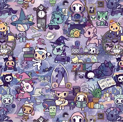 an image of many cartoon characters on a purple background Tokidoki Halloween Kawaii Spooky Background, Tokidoki Iphone, Tokidoki Arcane, light slate gray