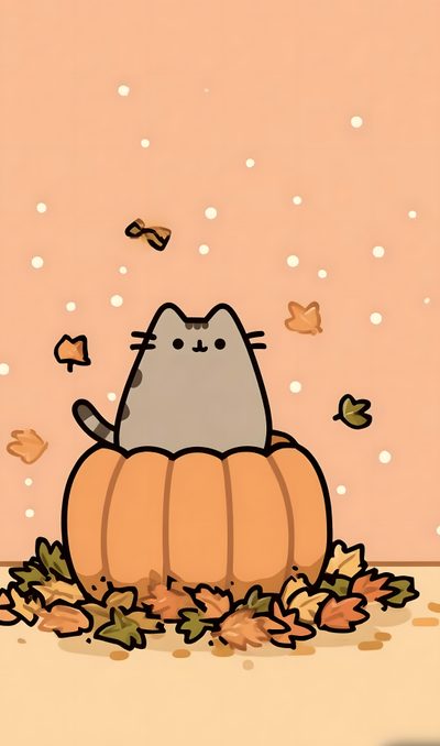a cat sitting on top of a pumpkin in the middle of leaves and falling from it Aesthetic Halloween Pusheen Halloween Pusheen, Pusheen Cat, Pusheen, Mobile, Cute, Pumpkin Pusheen, burlywood