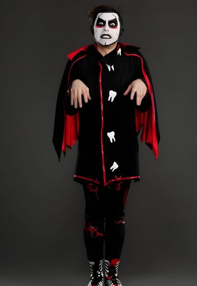 a man in a costume with his hands on his hips and face painted white, standing against a gray background Wwe Halloween Wwe Danhausen, Danhausen Wwe, Danhausen, Wwe Outfits, Stephanie Mcmahon, dark slate gray