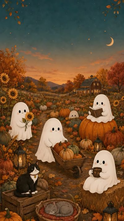 a painting of halloween pumpkins and ghost with cats Friendly Halloween Ghost With Ghost Dog, Cute Halloween Landscape, Ghost And Animal Art, dark olive green