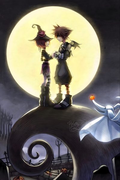 two people standing on top of a hill with a full moon in the sky behind them Sora Halloween Town 4k Halloween Town Sora Kh1, Kingdom Hearts Halloween Fanart, Kingdom Hearts Halloween Town Background, dark slate gray