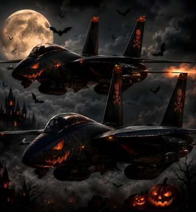 three fighter jets flying in the sky with bats and pumpkins on it's sides Halloween Zombie Gunship Halloween, black