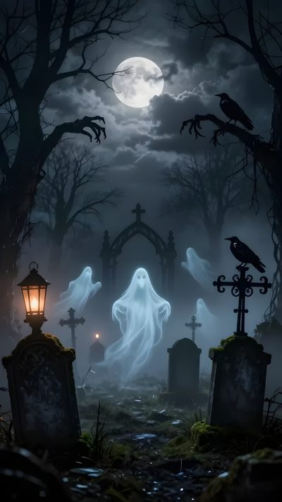 halloween scene with ghost and tombstones at night Spirit Halloween Graveyard Scenes For Halloween, Spooky Scary Graveyard, Spooky Graveyard Images, dark slate gray