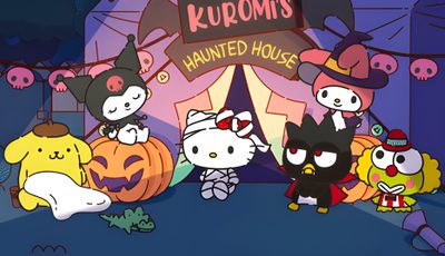 several cartoon characters standing in front of a carnival booth with pumpkins and other decorations Sanrio Halloween Gif Halloween Desktop Gif, Cute Halloween Discord Banner Gif, Sanrio Fall Laptop, dark slate blue