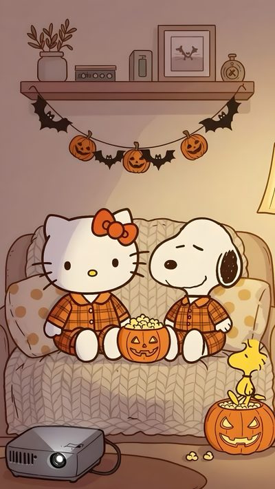two hello kitty characters sitting on a couch with pumpkins and jack - o'- lanterns Halloween Hello Kitty Fall Snoopy And My Melody, My Melody Matching, Hello Kitty Halloween, gray
