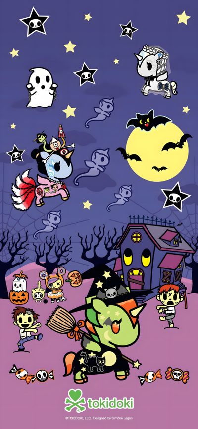 an image of cartoon characters in the night sky Tokidoki Halloween Halloween Kawaii Background, Tokidoki Hello Kitty, Tokidoki Iphone, dark slate blue