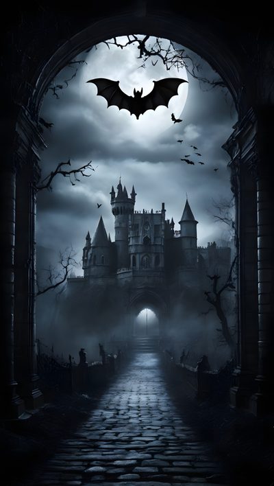 an image of a castle with bats flying over the entrance to it at night time Cute Halloween Iphone Count Down Vampire Castle With Bats, Castle With Bats, Spooky Castle With Bats, black