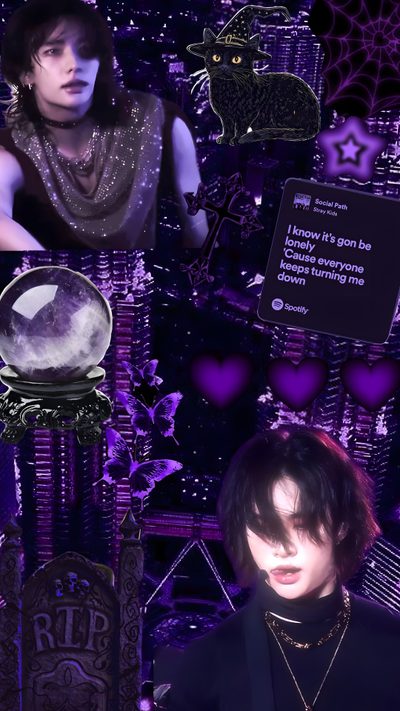 a collage of photos with purple lights and black cats in the background, including an image of a cat Hyunjin Halloween Halloween Skz, Halloween Stray Kids, Stray Kids Halloween, Ot8 Skz Purple, black