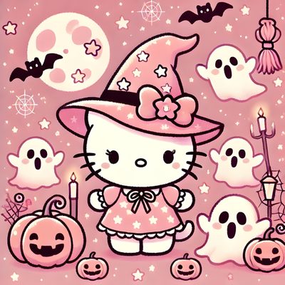 hello kitty halloween wallpaper with pumpkins and ghost's in the background, Pink Pink Hello Kitty Halloween Baddie Halloween Aesthetic, Halloween Hello Kitty Aesthetic, Halloween Aesthetic Hello Kitty, tan