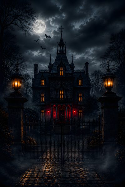 a creepy house with red lights in front of it and bats flying over the gate Halloween Haunted Hotel Horror Lovers, Haunted Mansion, Halloween Cookies, Halloween, Dark, black