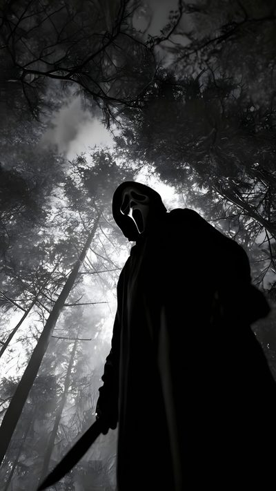 a man in a hooded suit holding a knife and looking up into the sky with trees behind him Halloween Ghostface Creepy Iphone, Phone 4k Black, Cool Ghostface, Scream 4k, Ghost Theme,