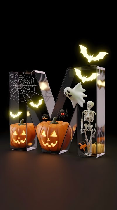 three halloween pumpkins in front of the letter m with bats and lights on them Halloween-themed Name 3d Halloween, Halloween Letter M, Halloween Themed Letter M, Neon Letter M, black