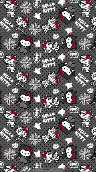 a black and white pattern with hello kitty characters on the front, red polka dots in the back Spooky Halloween Hello Kitty Spooky Halloween Hello Kitty, Iphone Cute Hello Kitty Halloween, Hello Kitty Y2k Halloween, dim gray