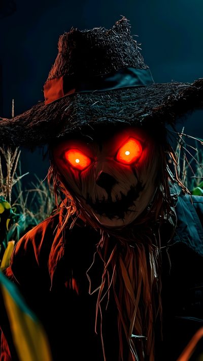 a scarecrow with red eyes and a hat Halloween For Men Scary, Stores, Halloween, Halloween Christmas, black