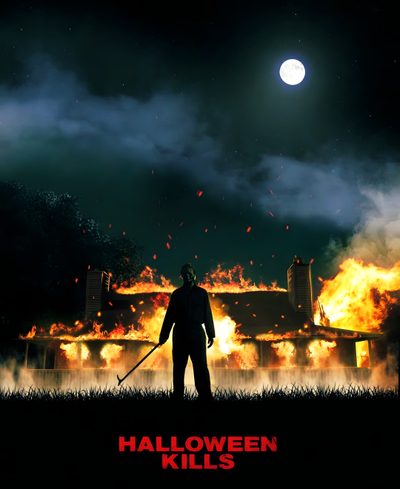 the poster for halloween kills shows a man holding a knife in front of a fire Halloween Kills 4k Michael Myers House, Halloween Kills Poster, Halloween Kills Movie Poster, black