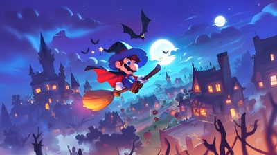 a cartoon character flying through the air with a broom in front of a city at night Nintendo Halloween Mario Party Artwork, Mario Ghost House Background, Super Mario Halloween Art, dark slate blue
