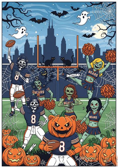 a group of people that are standing in front of a basketball court with pumpkins Chicago Bears Halloween Cool Chicago Bears Art, Chicago Bears Cartoons, Babel Film, dim gray