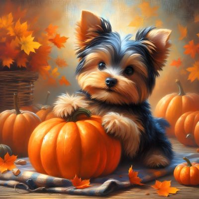 a painting of a small dog sitting on top of a table next to pumpkins Yorkie Halloween Puppies In Fall, Cute Puppy Autumn Photo, Autumn Yorkshire Terrier Design, sienna
